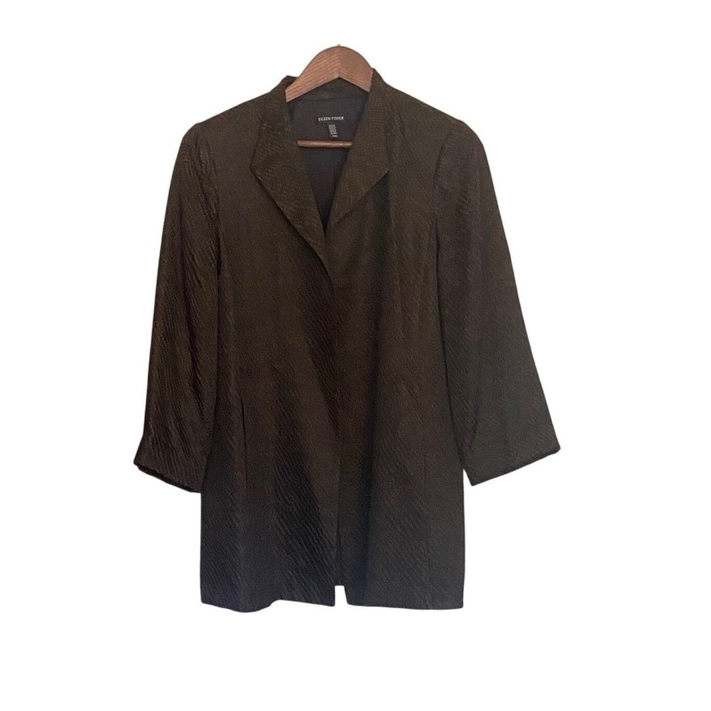 Eileen Fisher Silk Blend Jacket Brown Black Textured Open Front Women‎ M
